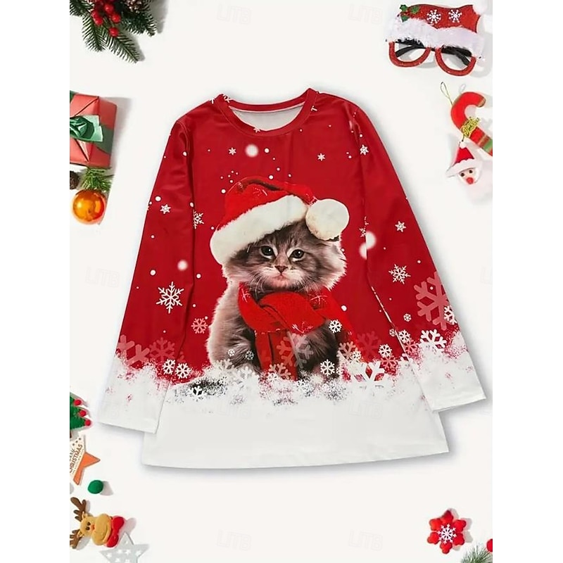 Christmas Women's T Shirt Graphic Animal Cat Fashion Casual Long Sleeve Crew Neck Regular Tops Daily Weekend Print Red Summer Spring Fall Winter3
