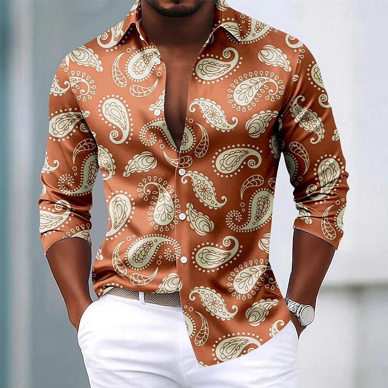 Men's Paisley Floral Print Ethnic Shirt Satin Shirt Dress Shirt Long Sleeve Vintage Retro Vacation Dailywear Summer Spring Fall Turndown 3D Print Button Up Shirts Black Blue Orange Light Blue4