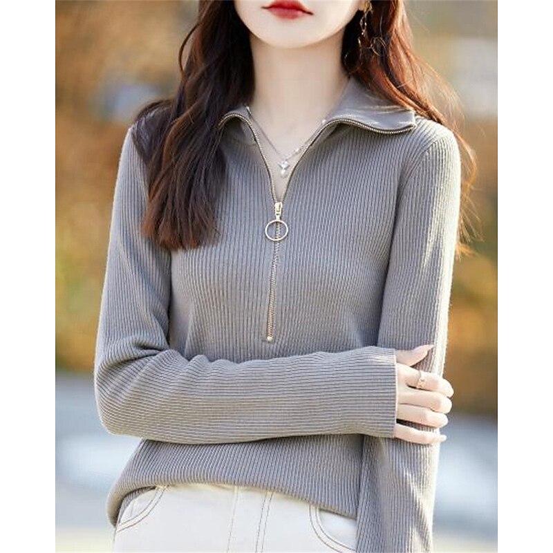 Women's Sweater Casual Soft Pure Color Ribbed Half Zip Knitted Long Sleeve Regular Tops Knit Outdoor Daily Weekend Gray Fall Winter