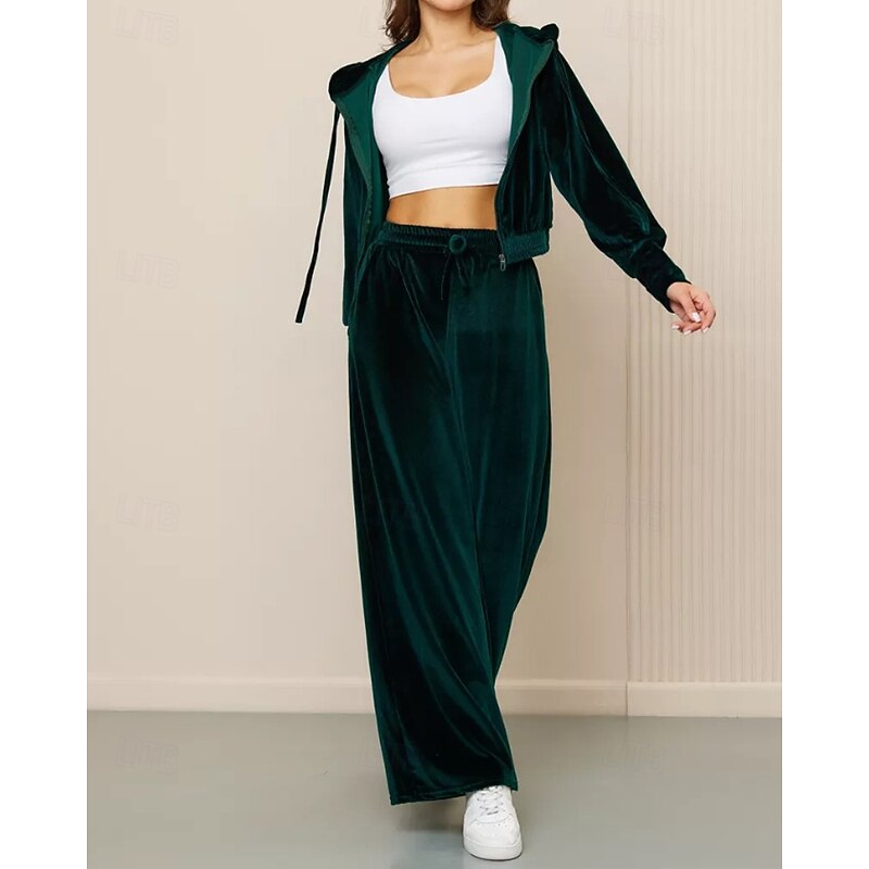 Women's Active Fashion Blouse Hoodie Pants Sets Long Sleeve Hooded Solid Color Drawstring Zipper Holiday Daily Wear Going out Black Pink Navy Blue Fall Regular Fit4