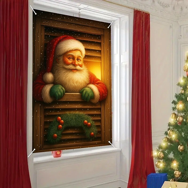 Christmas Santa with Lantern Curtain, 2025 Xmas Classic Window Curtain Door Cover for Holiday Decoration, Indoor Outdoor Hanging Tapestry4