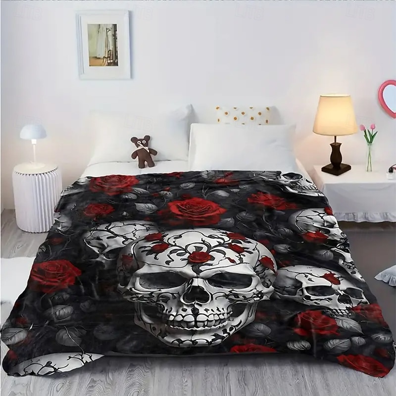 Halloween Fleece Throw Blanket for Couch Skeleton Rose Mexico Dark Punk Gothic Style Party Sofa Bed Decorative Warm Blanket Home Decor3
