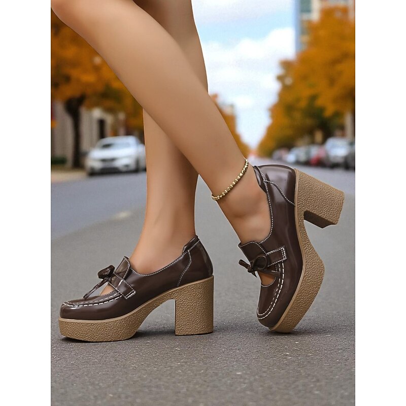 Women's Brown Patent Faux Leather Platform Loafers - Retro 1980s Chunky Heel Bow Slip-On Shoes for School, Fall Outfits & Daily Wear2