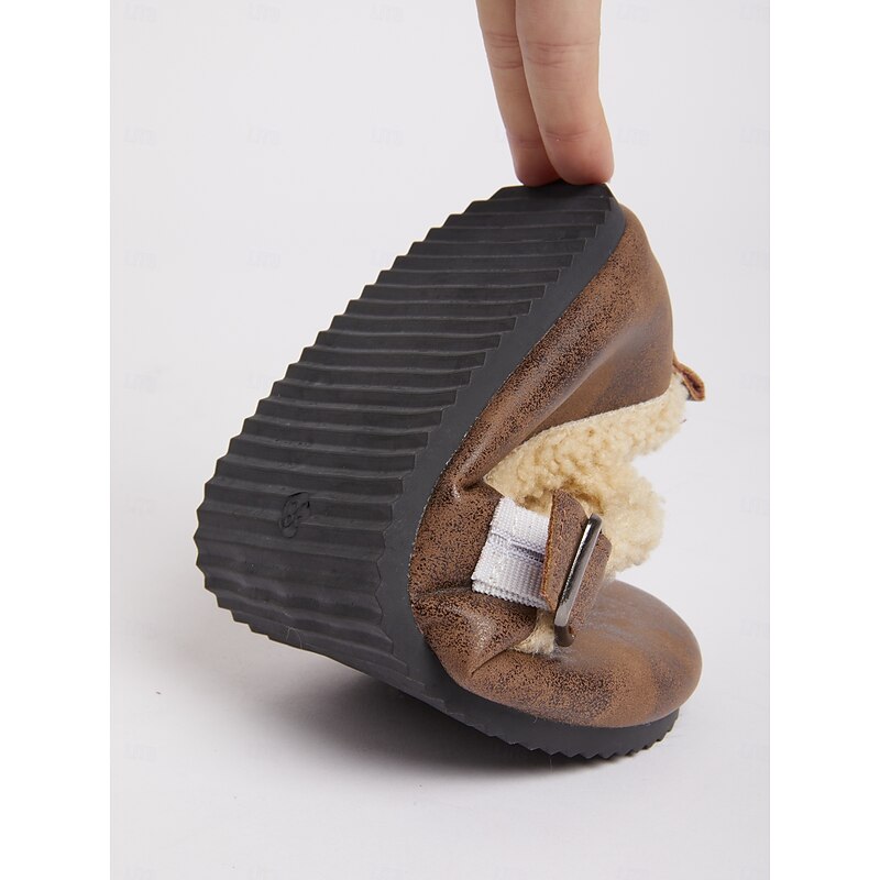 Women's Wide Width Brown Fleece Lined Buckle Loafers, Comfortable Warm Casual Shoes for Winter Home or Outdoor4