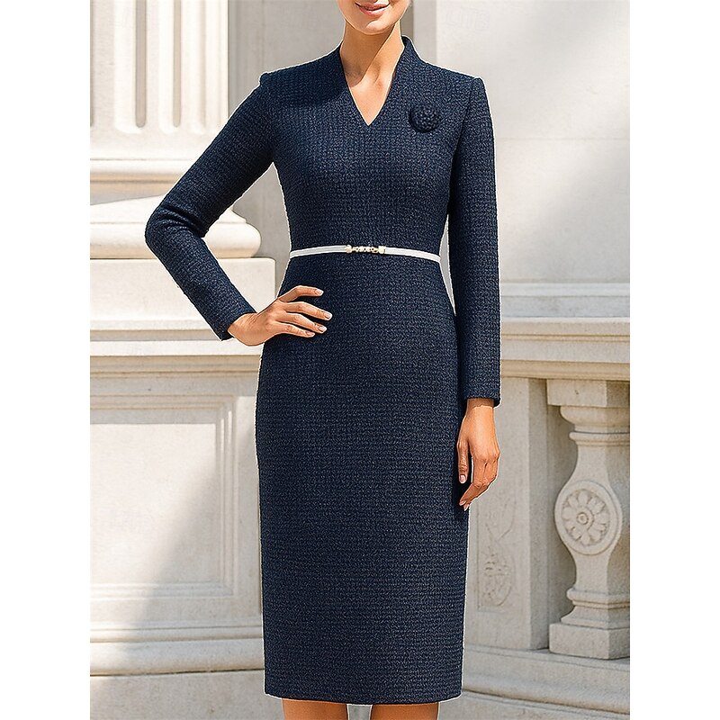 Sheath / Column Mother of the Bride Dress Elegant Vintage V Neck Tea Length Woolen Polyester Long Sleeve with Sash / Ribbon3