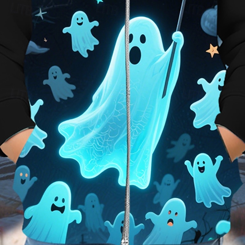 Halloween Boys' 3D Cartoon Ghost Hoodie Coat Outerwear Long Sleeve Spring Fall Adorable Sport Kids 4-12 Years Zip Street Daily Regular Fit3