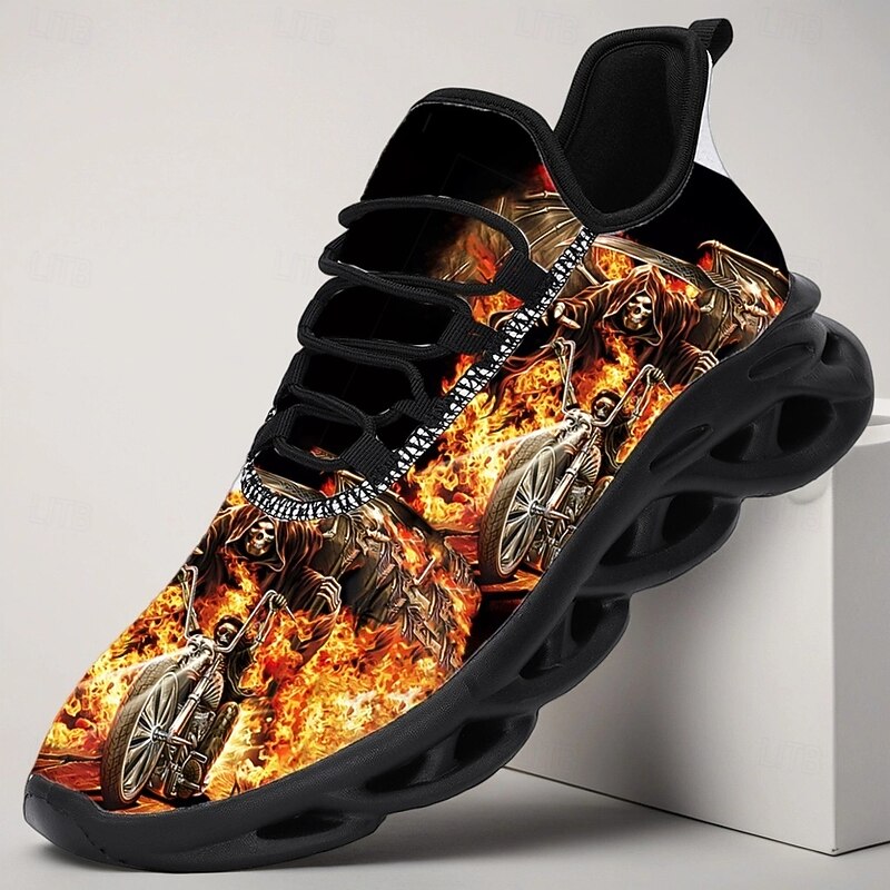 Men's Halloween Flame Skull Sneakers – Scary Horror Graphic Running Shoes for Costume Party, Nightclub, Themed Events and Streetwear2