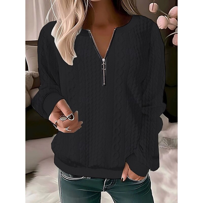 Women's Blouse Solid Color Stylish Casual Long Sleeve Crew Neck Regular Tops Daily Zipper Black Pink Red Blue Purple Spring Fall Winter3