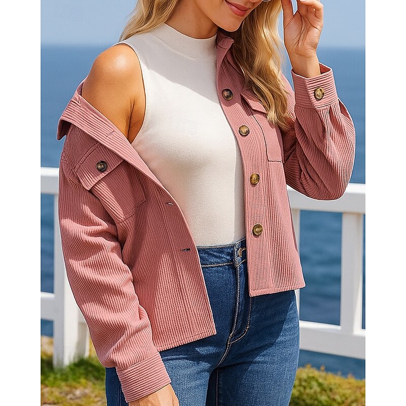 Women's Lounge Croppped Jacket Corduroy Jacket Buttons Long Sleeve Top Athleisure Fall Solid Colored Outdoor Travel Sports Sportswear Activewear Black Pink Khaki3