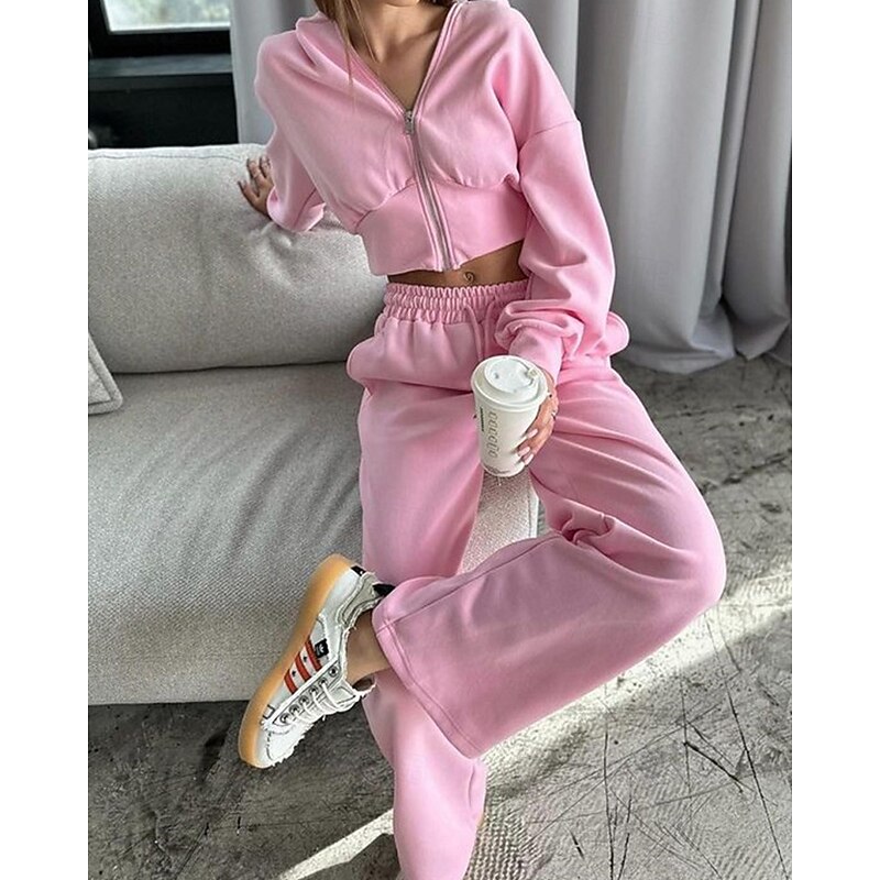 Women's Active Fashion Blouse Hoodie Pants Sets Long Sleeve Hooded Solid Color Zipper Vacation Holiday Pink Khaki Light Grey Fall Regular Fit3