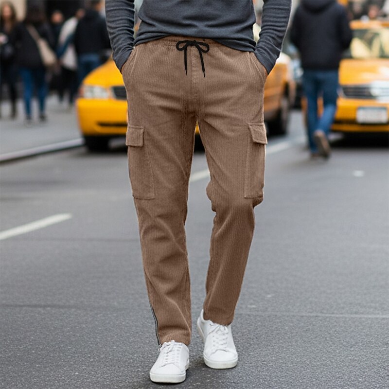 Men's Cargo Pants Trousers Corduroy Pants Winter Pants Drawstring Pocket Zip Leg Plain Comfort Soft Full Length Outdoor Party Business Fashion Streetwear Denim Blue Black Inelastic