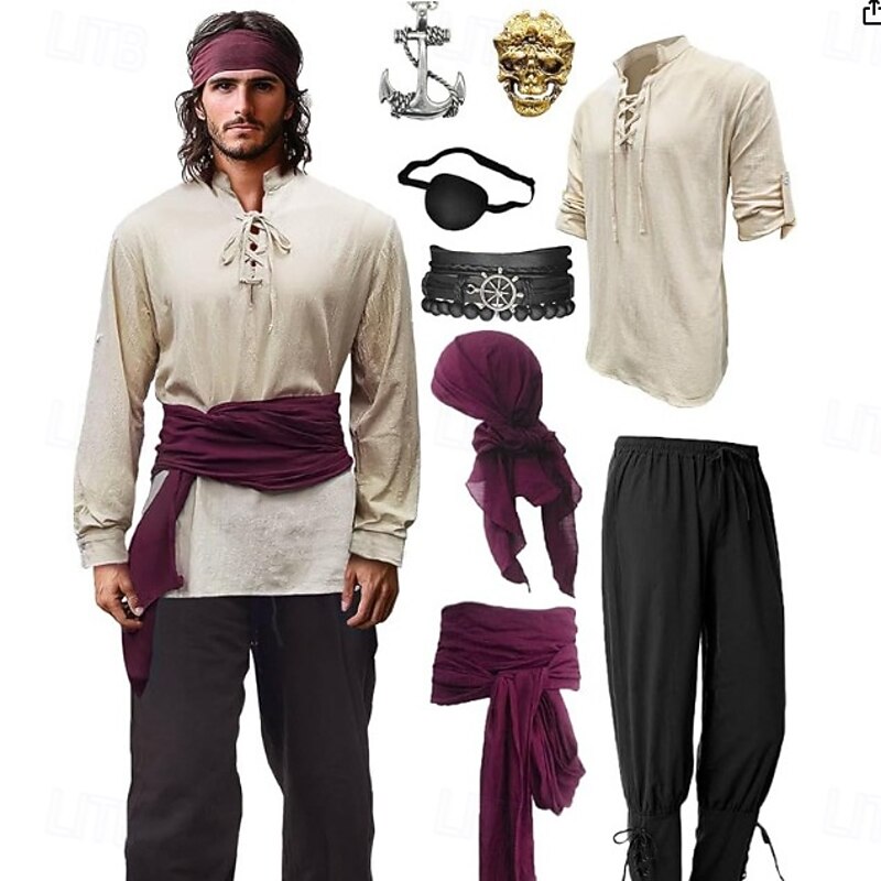 Retro Vintage Medieval Renaissance Cosplay Costume Outfits Pirate Viking Fancy Dress Men's Viking Pirate Halloween Carnival Performance LARP Ren Faire Adults' Costume