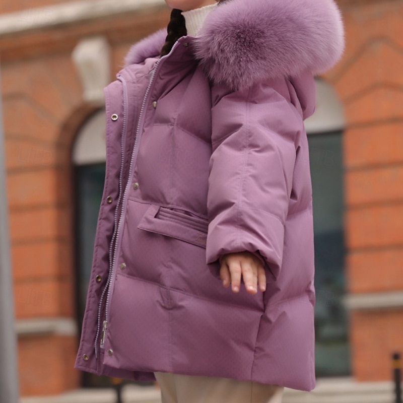 Kids Girls' Down Jacket Outdoor Jacket Puffer Jacket Solid Color Fashion Fur Trim Keep Warm Windproof Outdoor Coat Outerwear 4-12 Years Fall Black Yellow Red