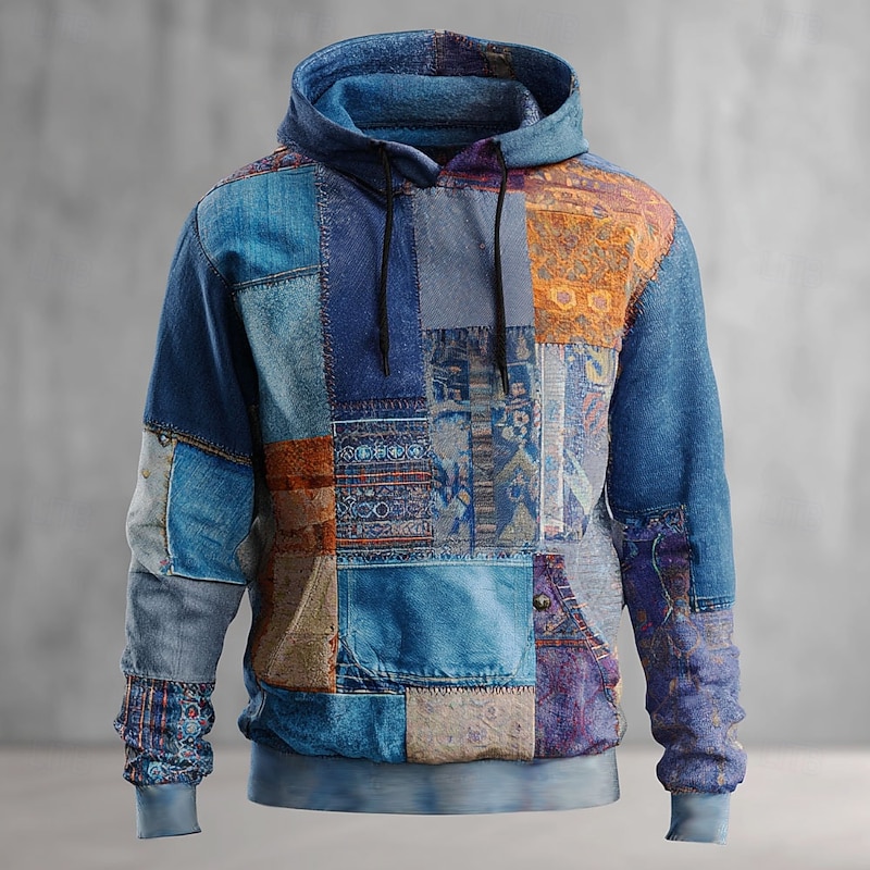 Men's Geometric Plaid Hoodie Sweatshirt Fashion Daily Crew Neck Home Party Streetwear Light Green Blue Drawstring Fall Winter Designer