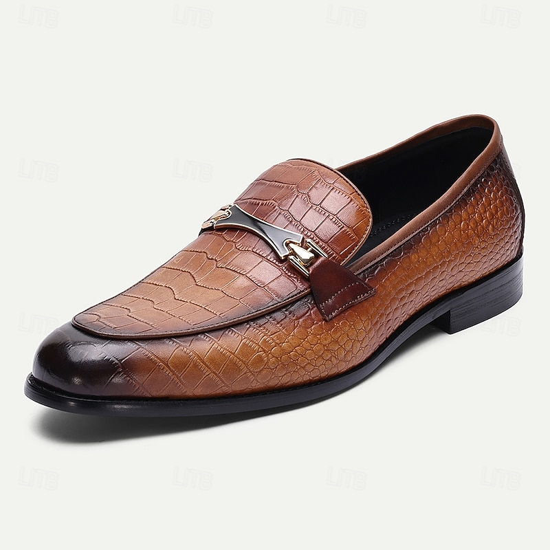 Men's Brown Genuine Leather Crocodile Pattern Loafers – Luxury Horsebit Slip-On Dress Shoes for Business, Weddings and Formal Events2