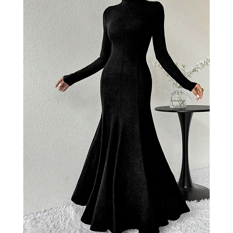 Women's Midi Dress Black Dress Casual Dress Elegant Fashion Modern Outdoor Daily Going out Regular Fit Plain Long Sleeve Turtleneck Black Spring Winter Autumn2