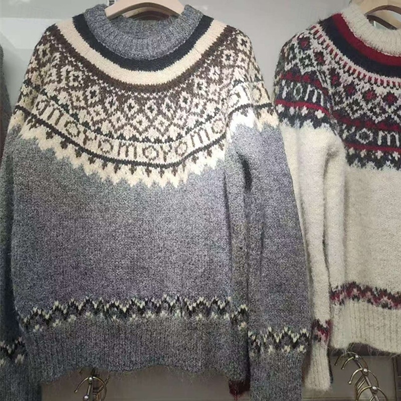 Women's Sweater Pullover Fashion Casual Geometric Ribbed Crew Neck Knitted Print Long Sleeve Regular Tops Knit Christmas Outdoor Daily Gray Fall Winter3