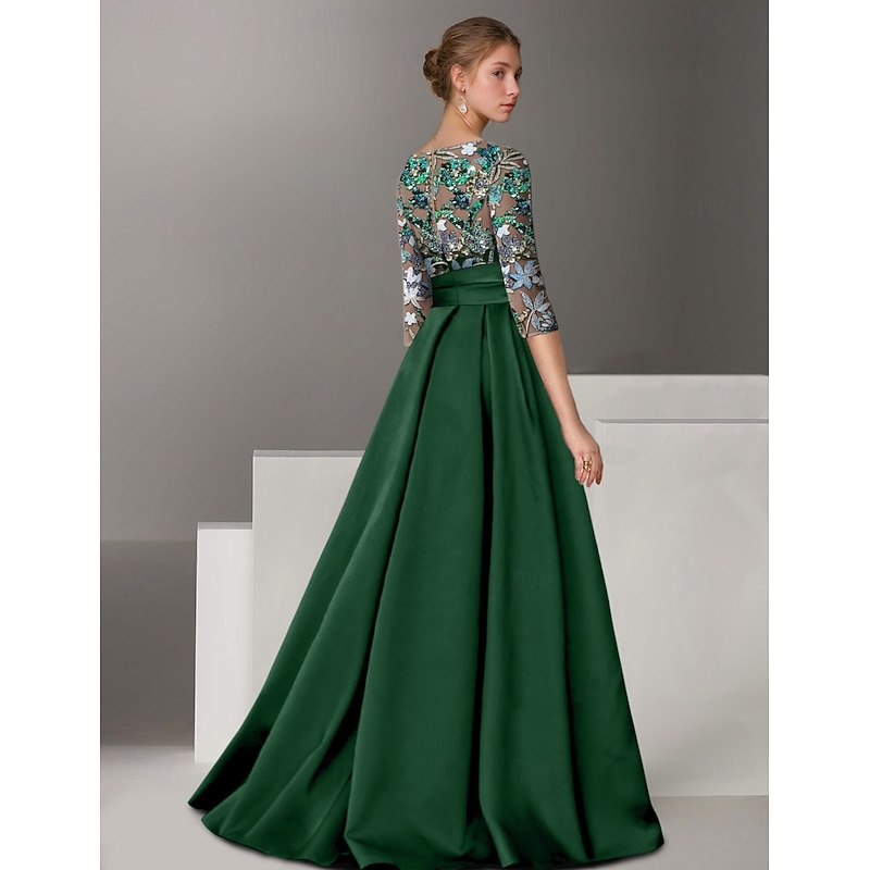 Floral Embroidered A-Line Evening Gown Elegant Dress Formal Wedding Floor Length Half Sleeve Shirt Collar Satin with Bow(s) Slit2