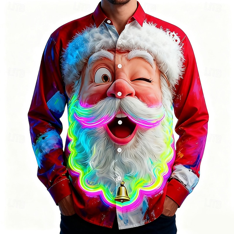 Christmas Men's Santa Claus Smile Face Neon Glow Shirt Button Up Shirt Long Sleeve Funny Outdoor Holiday Spring Fall Turndown 3D Print Collared Shirts Red 1 Red 3 Red Red 2