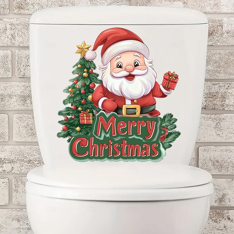 Christmas Sticker Wall Decals Cartoon Santa Claus Gift Toilet Removable Waterproof Vinyl Mural Holiday Bathroom Wall Decoration Fun Party Background Decoration For Home2