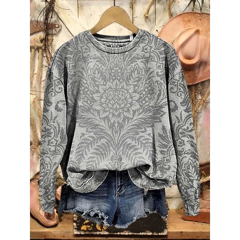 Women's Pullover Sweatshirt Floral Graphic Fashion Casual Long Sleeve Crew Neck Regular Tops Street Dailywear Casual Print Blue Purple Dark Gray Gray Fall Winter3
