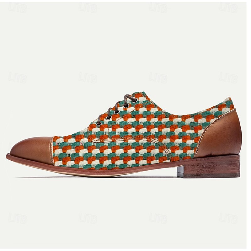 Men's Green and Orange Suede Knit Oxford Shoes – Unique Lace-Up Casual Dress Shoes for Festivals, Parties and Fashion Streetwear4