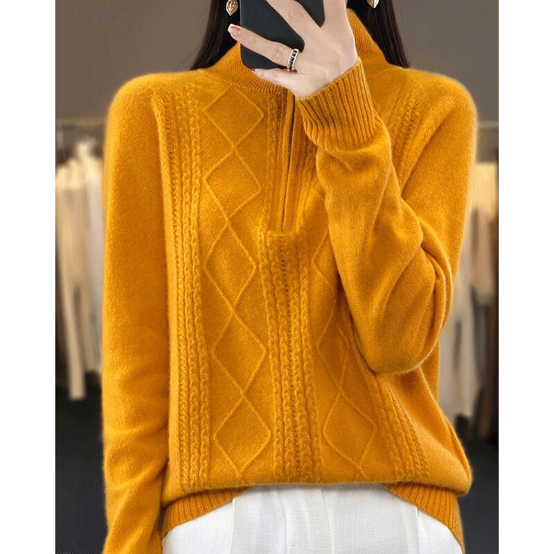Women's Sweater Pullover Fashion Casual Pure Color Ribbed Half Zip Zipper Knitted Long Sleeve Regular Tops Knit Outdoor Daily Weekend Orange Fall Winter2