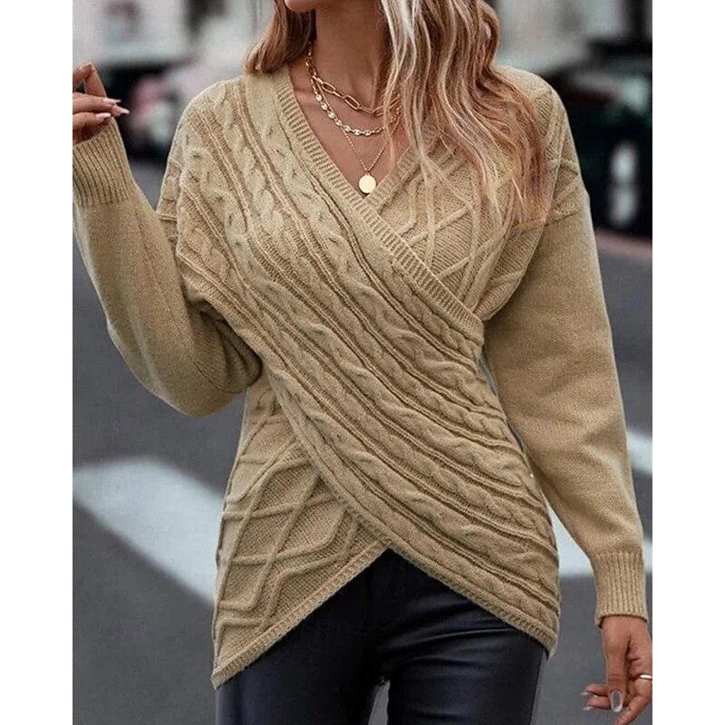 Women's Sweater Pullover Elegant Fashion Streetwear Solid Color Ribbed V Neck Knitted Asymmetric Hem Long Sleeve Regular Tops Knit Outdoor Daily Weekend Khaki Fall Winter2