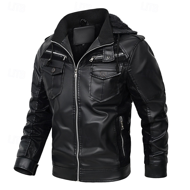 Men's Faux Leather Jacket Fleece Jacket Biker Jacket Motorcycle Jacket Vacation Daily Windproof Warm Pocket Winter Plain Fashion Classic Hooded Regular Black Jacket4