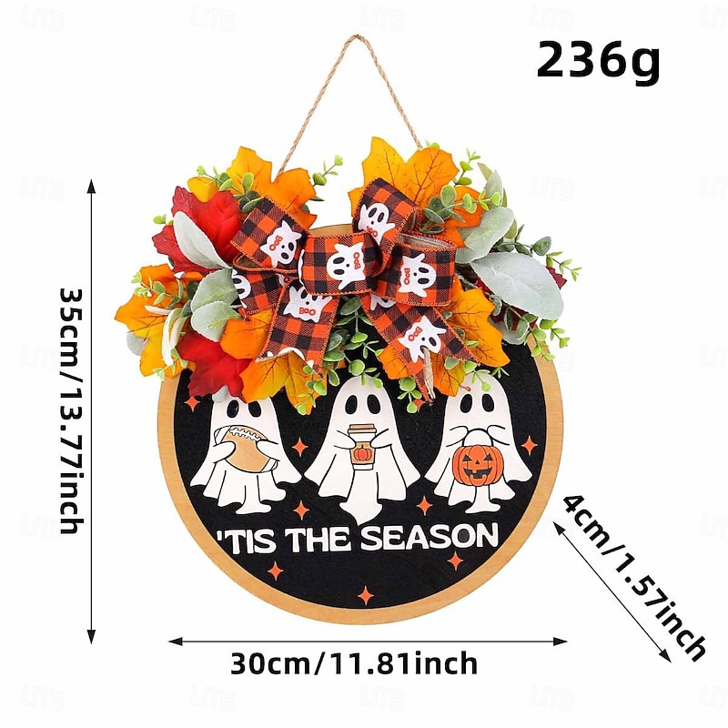 Halloween Cute Ghost Door Sign BOO, Autumn Faux Flower Wreath, Home Hanging Decor, Halloween Party Decoration, Ghost Wooden Plaque Craft, Seasonal Door Ornament3