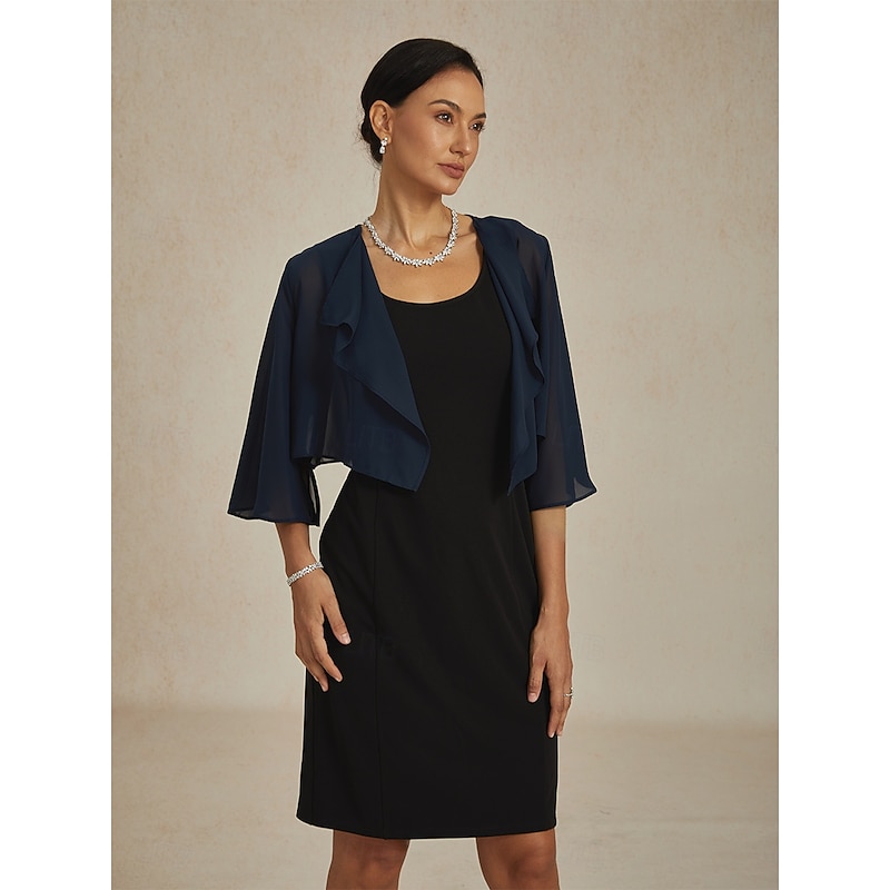 Women's Flowy Tops Chiffon Tops Solid Color Elegant 3/4 Length Sleeve Asymmetrical Crop Tops Wedding Guest Navy Blue Summer Spring Fall4