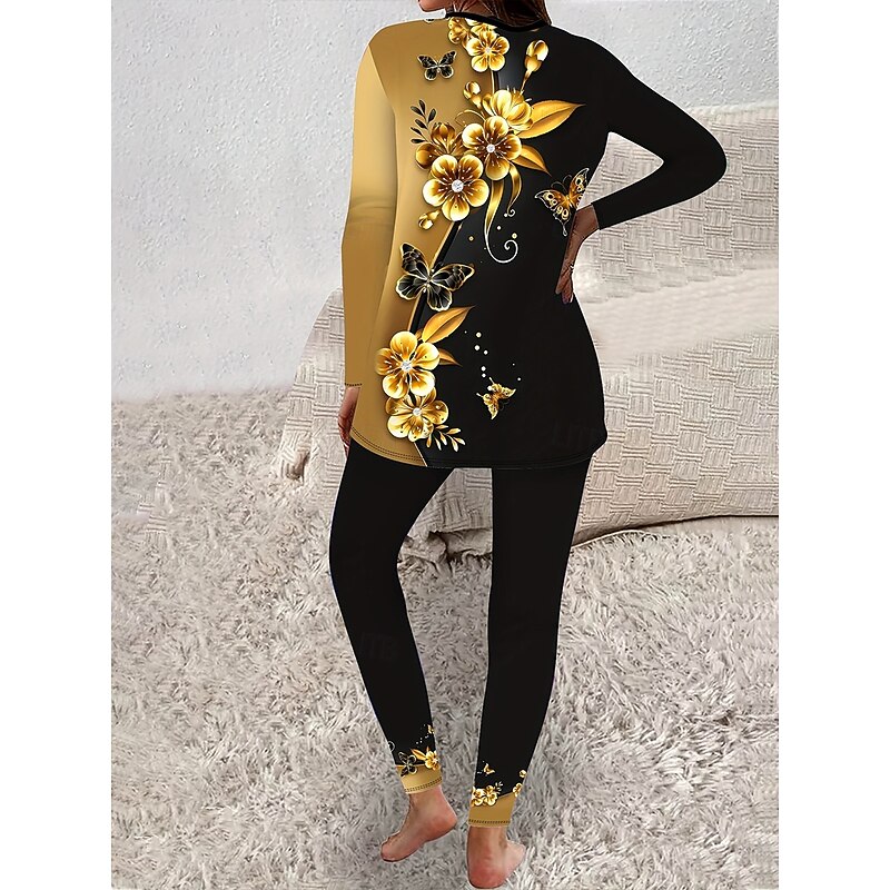 Women's Elegant Vacation Fashion T Shirt Pants Sets Long Sleeve Crew Neck Round Neck Ombre Floral Graphic Print Casual Daily Casual Daily Gold Spring Loose Fit2