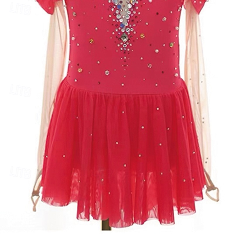 Figure Skating Dress Women's Girls' Ice Skating Dress Dark Pink Patchwork Thumbhole Mesh Spandex Stretchy Training Practice Professional Skating Wear Thermal Warm Crystal / Rhinestone Long Sleeve Ice4