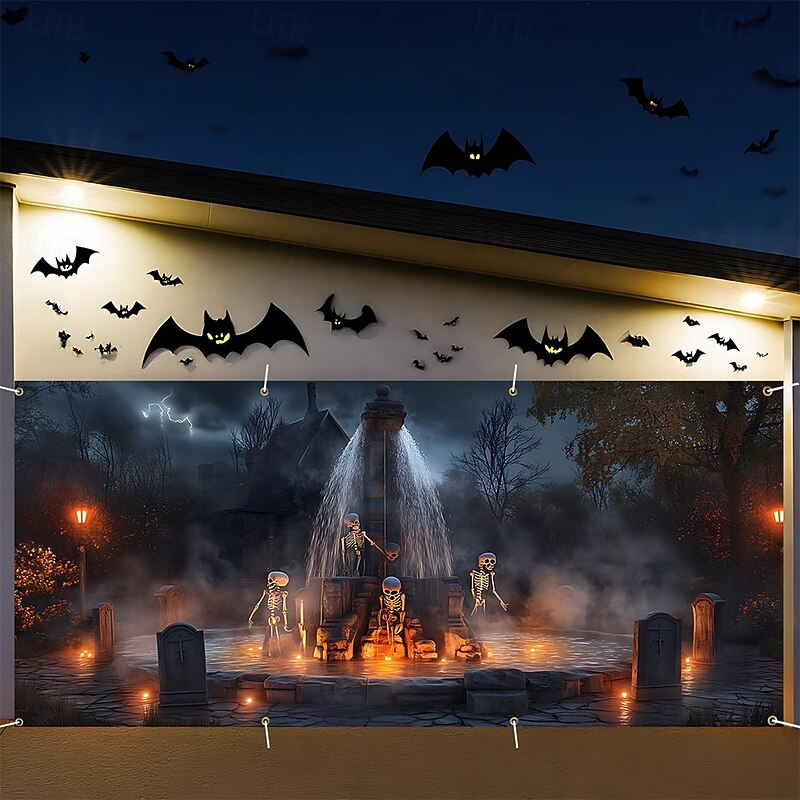 Halloween Tapestry Garage Door Cover Large Hanging Backdrop Skeleton Fountain Dark Punk Gothic Style Party Outdoor Shooting Backgrounds Yard Haunted House Home Decor