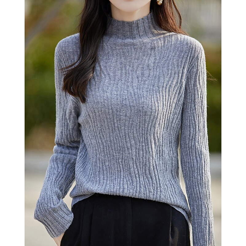 Women's Sweater Pullover Streetwear Casual Solid Color Mock Neck Knitted Long Sleeve Regular Tops Knit Daily Holiday Going out White Pink Fall Winter3