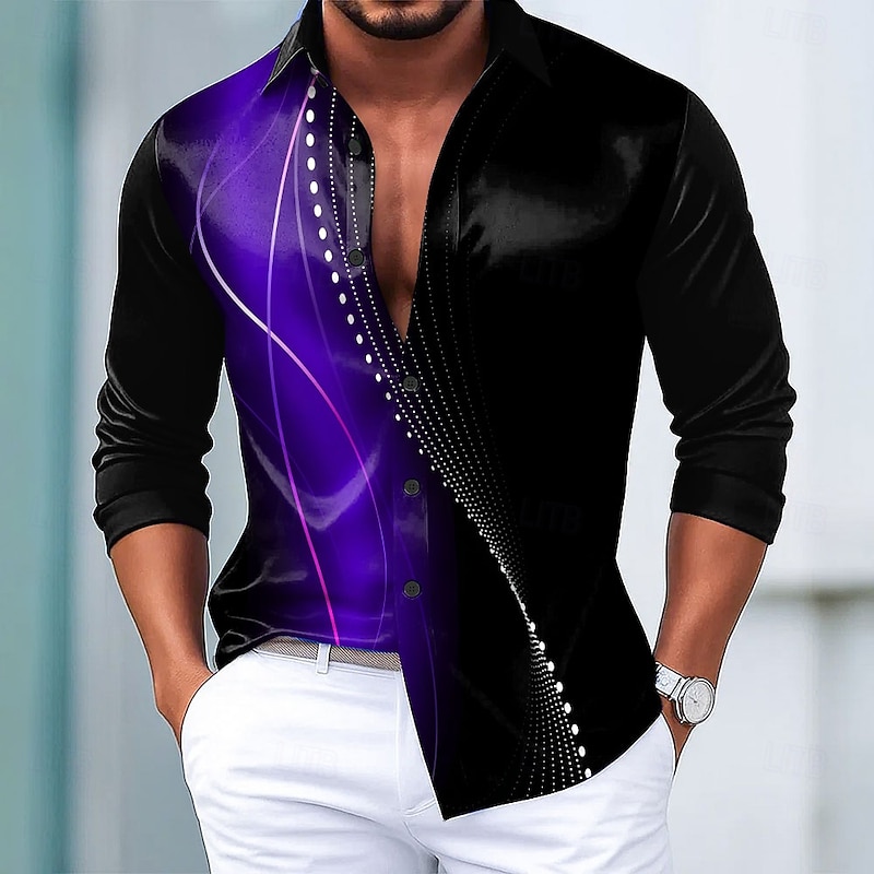 Men's Geometric Gradient Color Line Shirt Satin Shirt Dress Shirt Long Sleeve Fashion Casual Vacation Dailywear Summer Spring Fall Turndown 3D Print Button Up Shirts Black / Green Black / Purple4