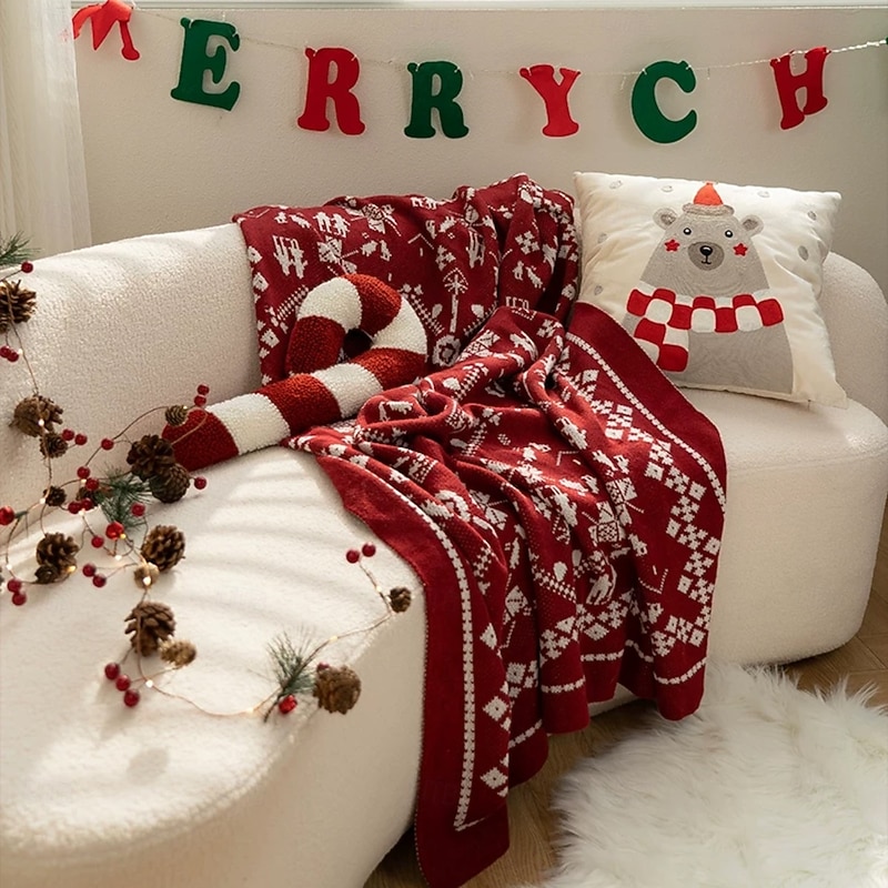 Christmas Red Blanket Cartoon Multi-Functional Thick Cotton Blanket with Gold Thread, Decorative Throw, Textile Sofa Blanket4
