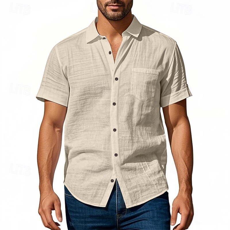 Men's Shirt Linen Shirt Casual Shirt Button Up Shirt Cotton Shirt Plain Vacation Street Black White Khaki Army Green Short Sleeve Turndown Summer Clothing Apparel Pocket2