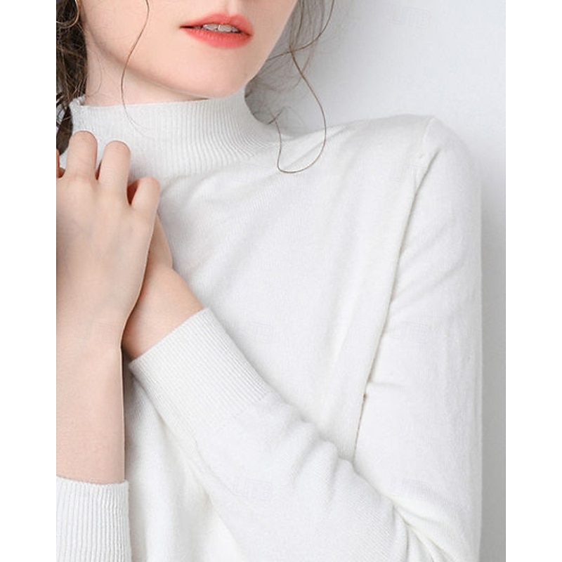 Women's Sweater Pullover Streetwear Casual Solid Color Stand Collar Knitted Long Sleeve Regular Tops Knit Daily Going out Weekend Black White Fall Winter3