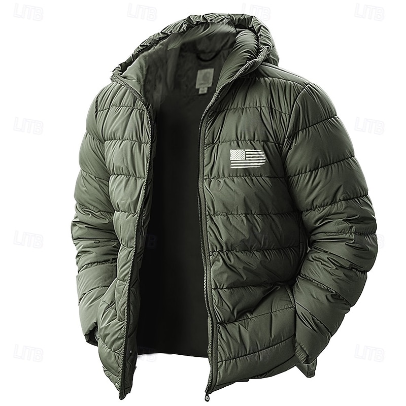 Men's American US Flag Winter Coat Down Jacket Puffer Jacket Thermal Warm Rain Waterproof Lightweight Casual Outdoor Daily Padded Quilted Hooded Jacket Fall Winter Hooded Long Sleeve Red Royal Blue