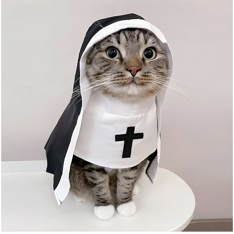 1pc Funny Pet Nun Costume for Cats & Small Dogs | Black Habit with White Collar & Cross Design, Adjustable | Perfect for Halloween, Parties & Photo Ops, Medium/Large/Small Sizes2