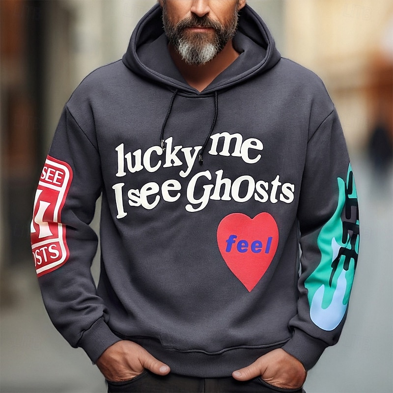 Men's Heart Letter Hoodie Fashion Daily Hooded Outdoor Vacation Streetwear Black Gray Drawstring Printing Spring Fall Designer3