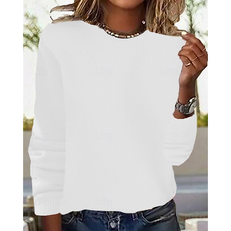Women's Sweater Casual Soft Pure Color Ribbed Crew Neck Knitted Long Sleeve Regular Tops Knit Outdoor Daily Weekend Black White Fall Winter3