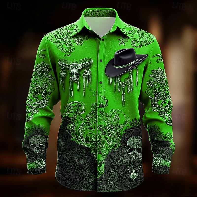 Men's Paisley Skull Cow Print Shirt Western Shirt Cowboy Shirt Long Sleeve Ethnic Vintage Retro Outdoor Vacation Spring Fall Turndown 3D Print Linen Like Shirt Blue Purple Orange Green Rose Red4