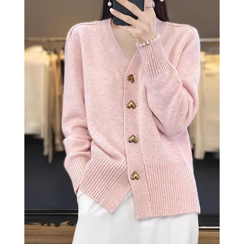 Women's Sweater Cardigan Streetwear Casual Solid Color V Neck Buttons Knitted Long Sleeve Regular Tops Knit Daily Holiday Going out Black White Fall Winter