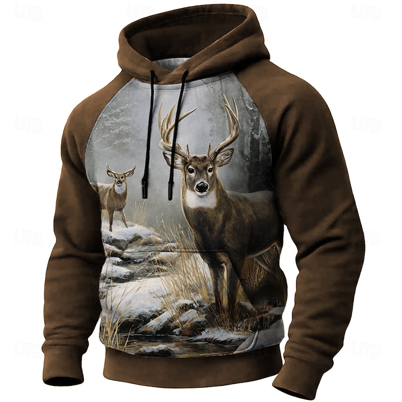 Men's Deer Hoodie Sweatshirt 3D Hunting Hooded Outdoor Sports Outdoor Black Brown Raglan Sleeves Fall Winter Designer2