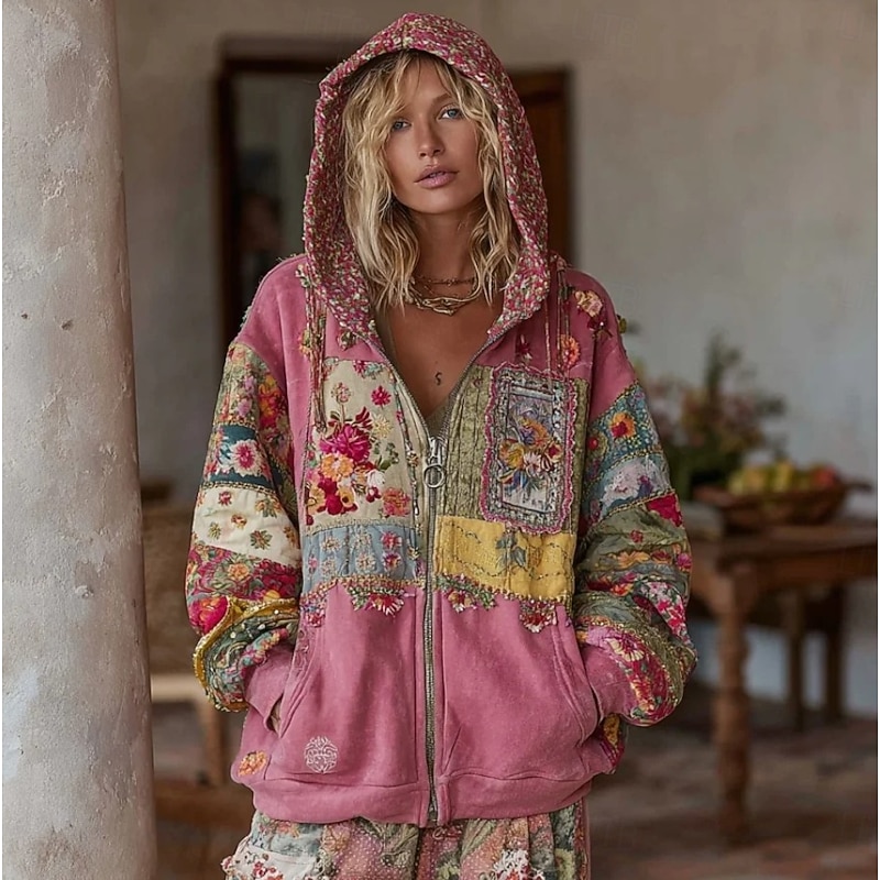 Women's 3D Print Vintage Boho Hoodie Patchwork Hoodie Sweatshirt Floral Zip Up s Floral Punk Active Vintage Long Sleeve Hooded Regular Tops Home Dailywear Casual Pink Red Beige Fall Winter