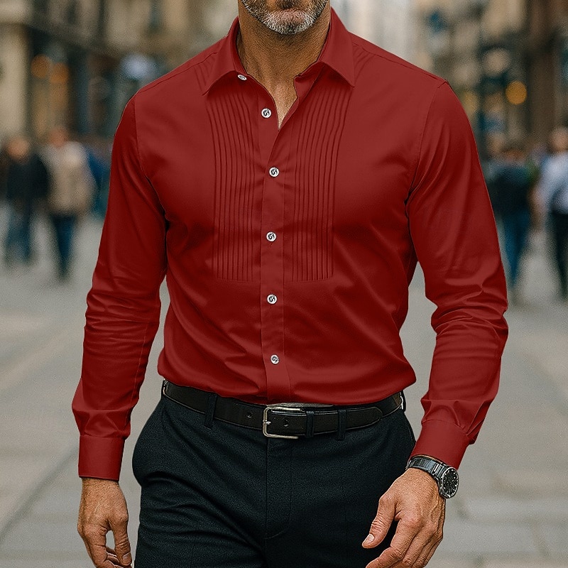 Men's Shirt Dress Shirt Casual Shirt Button Up Shirt Prom Shirt Plain Formal Wedding Black White Red Blue Long Sleeve Turndown Summer Spring Clothing Apparel Pleated4