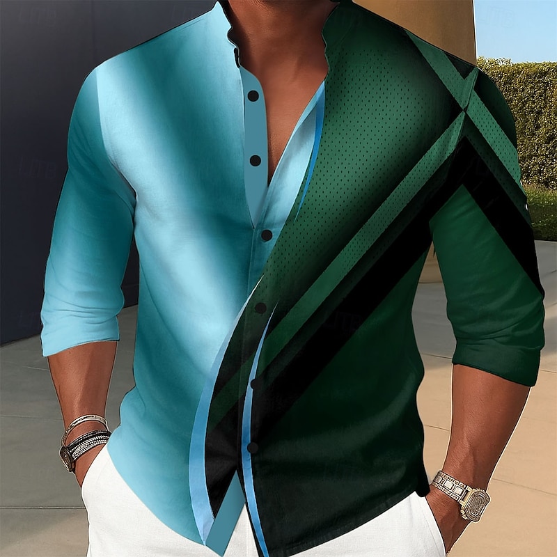 Men's Geometric Gradient Waves Shirt Stand Collar Shirt Long Sleeve Fashion Casual Dailywear Holiday Spring Fall Mandarin Collar Band Collar 3D Print Button Up Shirts Blue Purple Gold Gray3