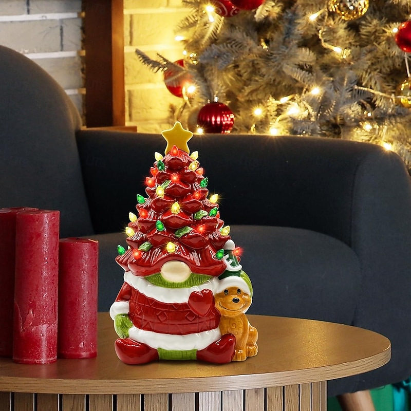 Christmas Resin Dwarf Christmas Tree LED Night Light Indoor Bedroom Study Dining Room Party Desktop Holiday Ornament Light Props AAA Battery Box 8.6 * 4.7Inch4